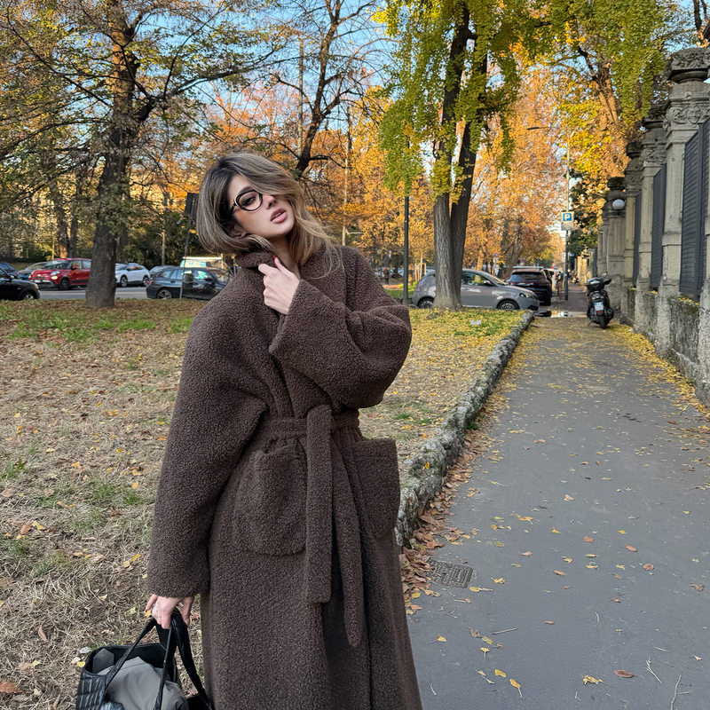 Prettydragon Bathrobe-Like Soft Quilted Thick Lamb Wool Coat Bubble Fur Coat Mid-Length Coat