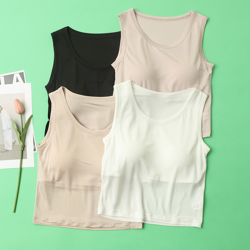 100% Mulberry Silk, No Need for Underwear, Detachable Padded Vest, All-In-One Women's T-Shirt, Base Layer Top for Summer