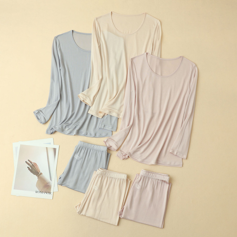 Thin 85g Weight 32-Gauge 100% Pure Silk Mulberry Silk Round Neck Long-Sleeve Thermal Underwear Set Autumn Clothes and Pants for Women Autumn and Winter