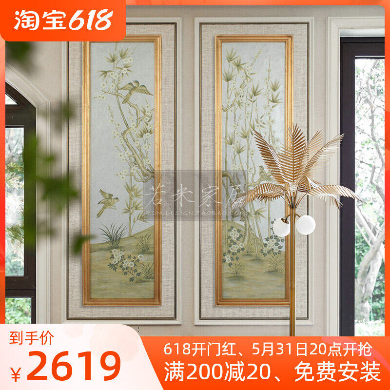 Double couplets 38 * 132 solid wood frames Wood Painted Flowers Birds Silver Tinsel Gold Leaf Villa Hallway Stairs Styling Wall Hyun Guan Oil Painting
