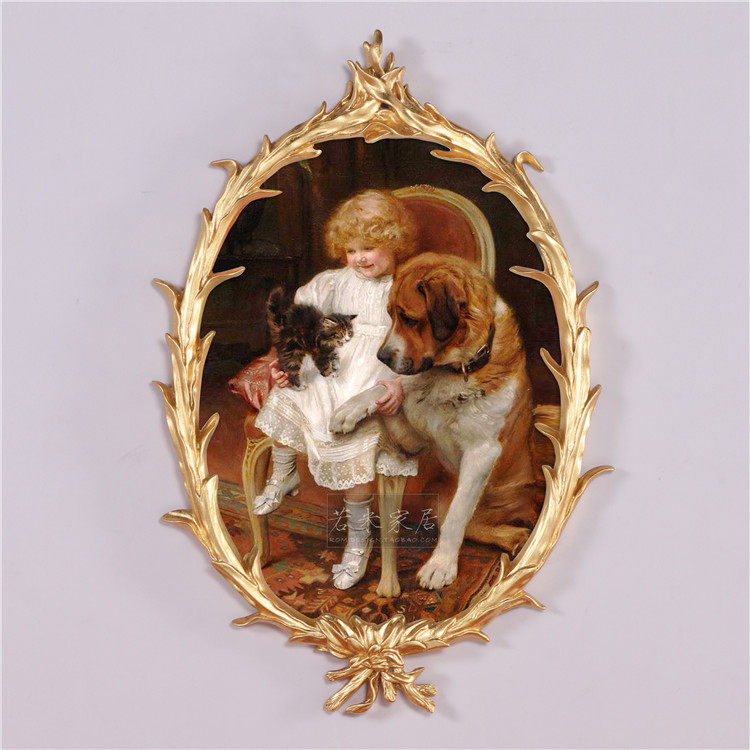 79 Oval Classical Oil Painting Characters Little Girl Puppy Red Ensemble Pure Hand Painted Children's Room Hallway Painting Aisle Painting