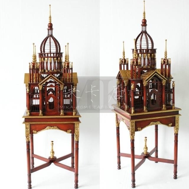 Indonesia imported solid wood castle building model iron net bird cage art craft gift decoration large installation lobby decoration