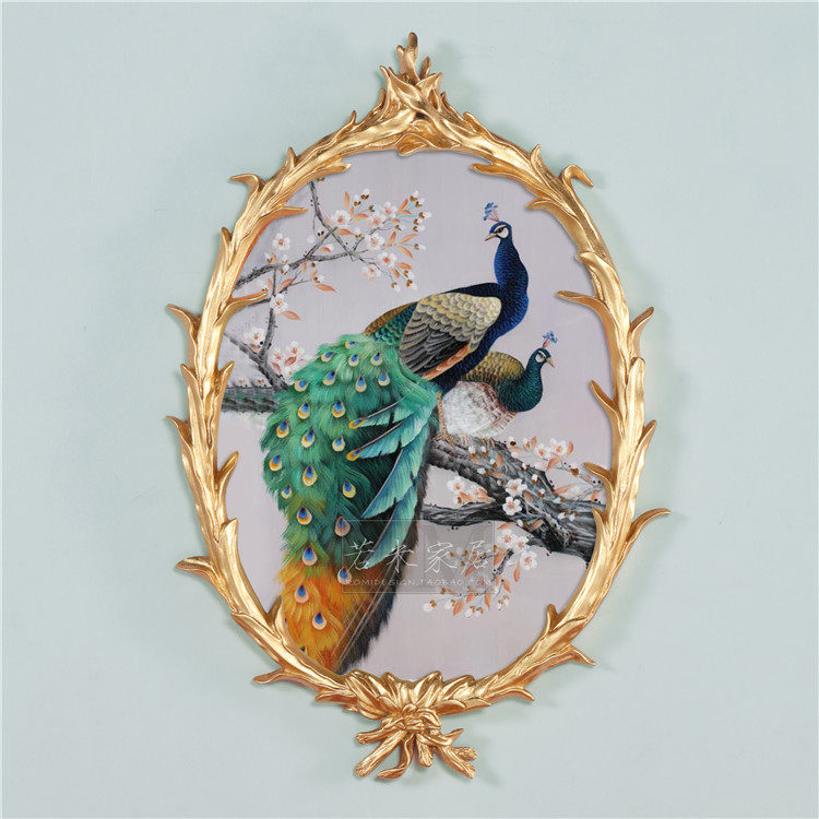 79 oval small peacock oil painting pure hand painted work pen green Xuanguan painting corridor painting aisle living room bedroom hanging painting