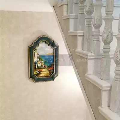 90x60 American blue oil painting frame Mediterranean side landscape oil painting living room dining room decorative painting porch hand painting