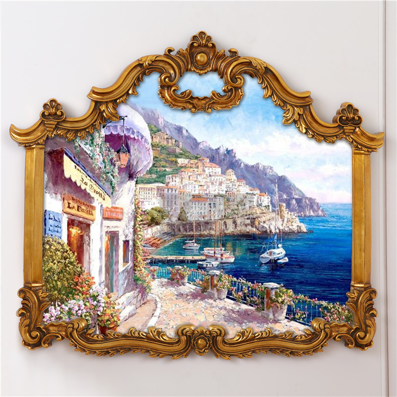 98x86 European and American method Profiled Horizontal Fireplace Oil Painting Decoration Painting Mediterranean Purple Hand-painted Street View Architectural Scenery
