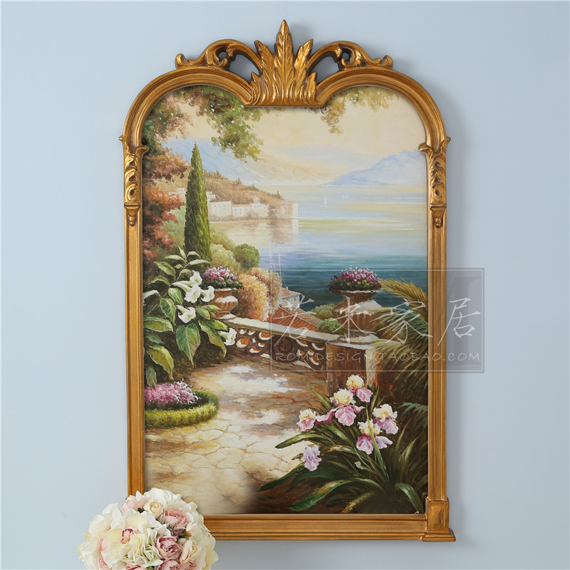 106x69 American-style Mediterranean landscape flowers hand-painted oil painting European-style gold foil border mirror villa decorative painting fireplace