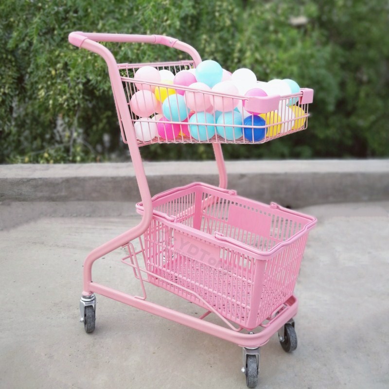 Supermarket double-decker shopping cart trolley KTV home cart net red ins photo pink supermarket shopping cart