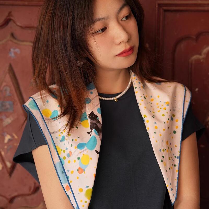 Yan Xiaozhu's Original Hand-Painted Polka Dot Series Double-Sided Printed Silk Scarf, Silk Cotton Scarf, Women's Pastoral Style, Children's Style