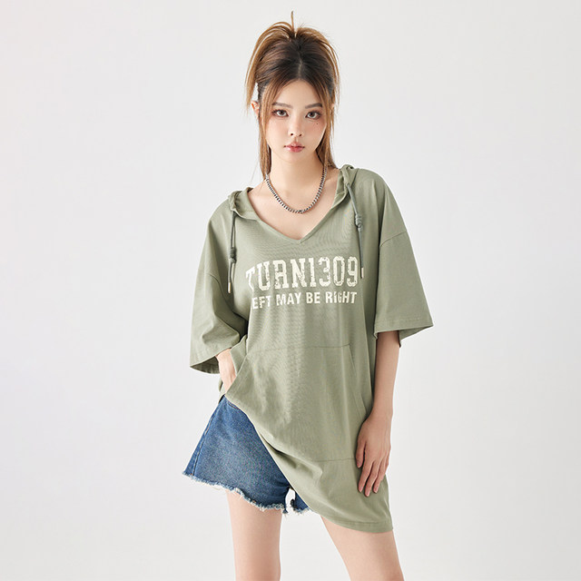 TurnSignal trendy brand hooded T-shirt T-shirt skirt women's summer loose thin-sleeved medium-length dresses