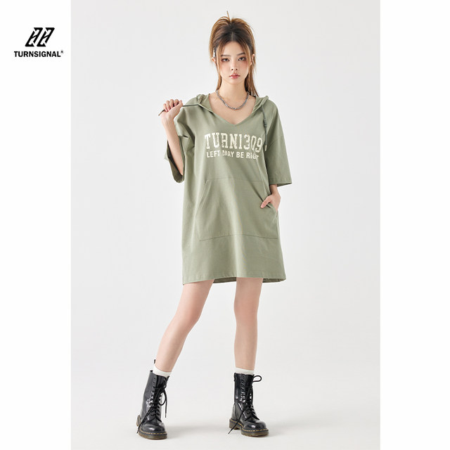 TurnSignal trendy brand hooded T-shirt T-shirt skirt women's summer loose thin-sleeved medium-length dresses