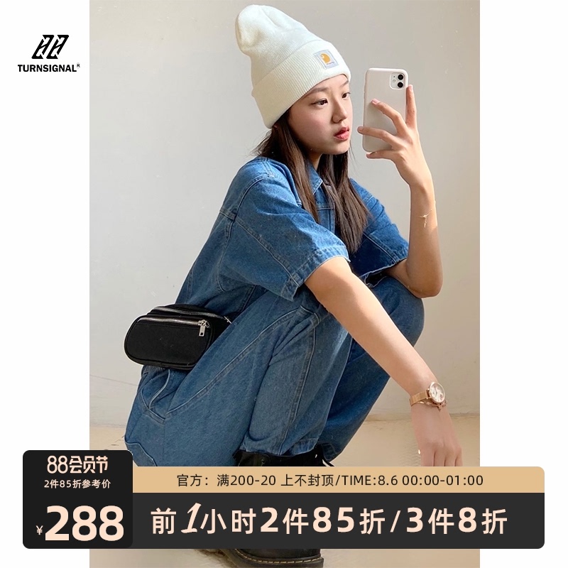 TURN signal 2021 new short-sleeved denim jumpsuit women's summer thin item pop brand tooling jumpsuit pants