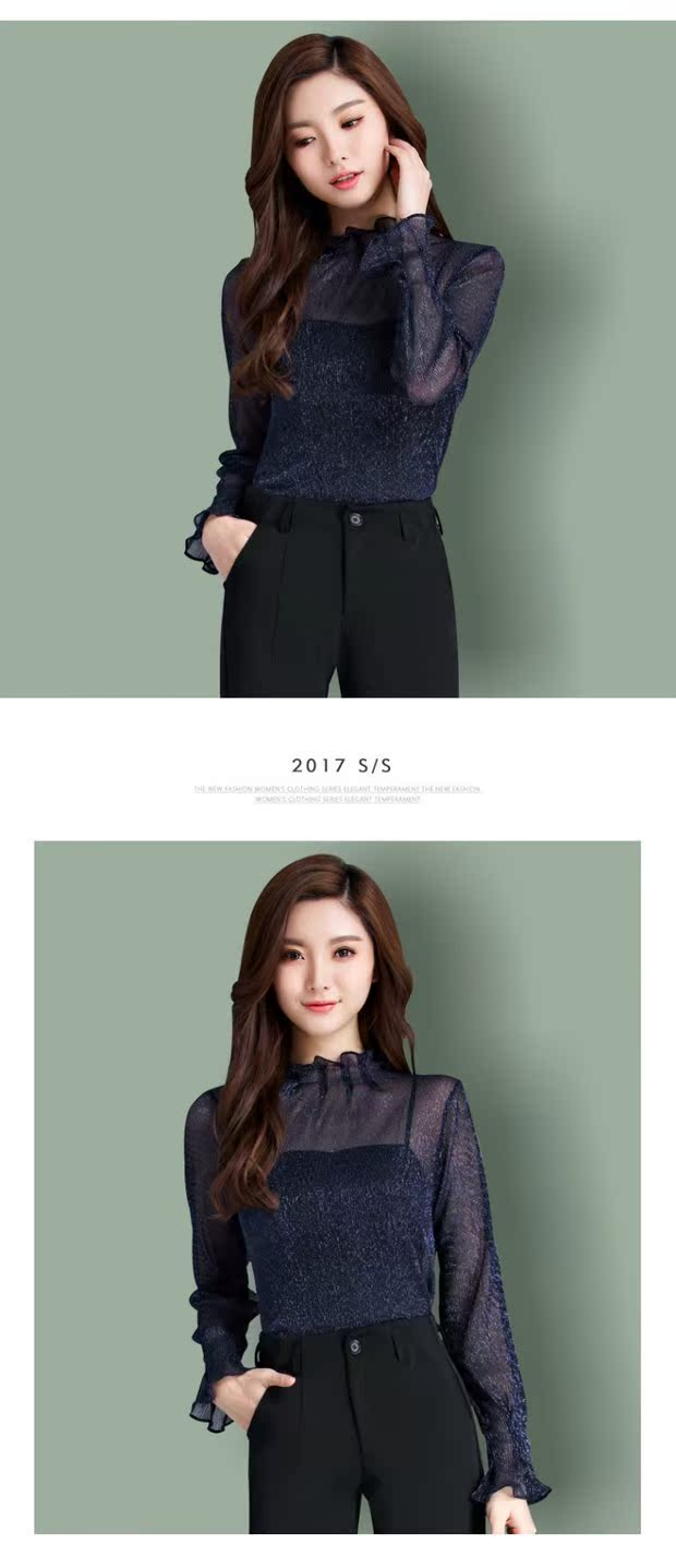 Phối màu áo lưới phối ren sáng bóng 2018 mùa xuân mới áo sơ mi nữ đứng cổ áo xù tay áo voan áo sơ mi kiểu đẹp