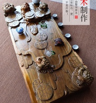 Mingju green sandalwood tea tray Whole solid wood household tea table Small tea sea dragon carving tea table carving tea tray