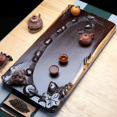 Log whole piece ebony tea tray solid wood kung fu tea set household tea table simple Tea Sea large carved fish water stream