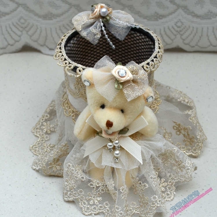 Lace Cute Bear Creative Stationery Fashion Round Iron Mesh Spray Plastic Anti-Rust Pen Holder Tabletop Containing Silo