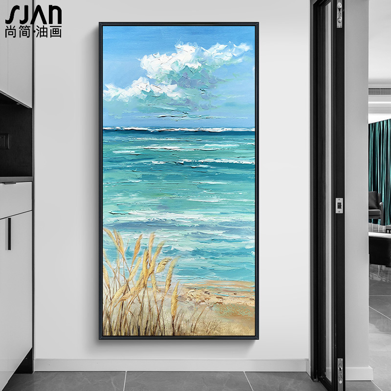 Minimalist modern vertical version hand painted oil painting Atmosphere landscape scenery Landscape Aisle Entrance Door Mural Painting Xuan Guan Decoration Painting The Sea