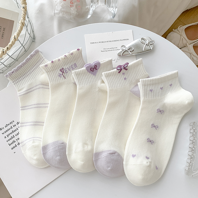 Purple Lace Bow Mesh Socks Women's Short Socks Combed Cotton Summer Thin Breathable Sweet Style Japanese Boat Socks