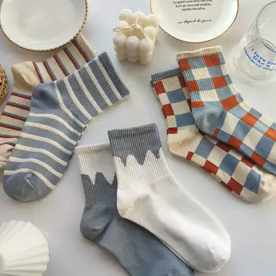 Socks women's socks blue square stripes ins tide stockings autumn and winter cute Japanese college style Korean color
