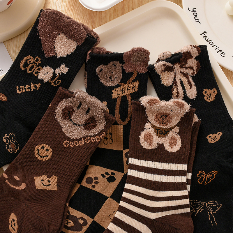 Autumn and Winter Socks for Women, Mid-Calf Socks, Black Versatile Korean Style Long Socks, Cotton Socks, Feather Yarn Plush Bear Socks ins Trendy Autumn and Winter Socks for Women, Mid-Calf Socks, Black Versatile Korean Style Long Socks, Cotton Socks, Feather Yarn Plush Bear Socks ins Trendy