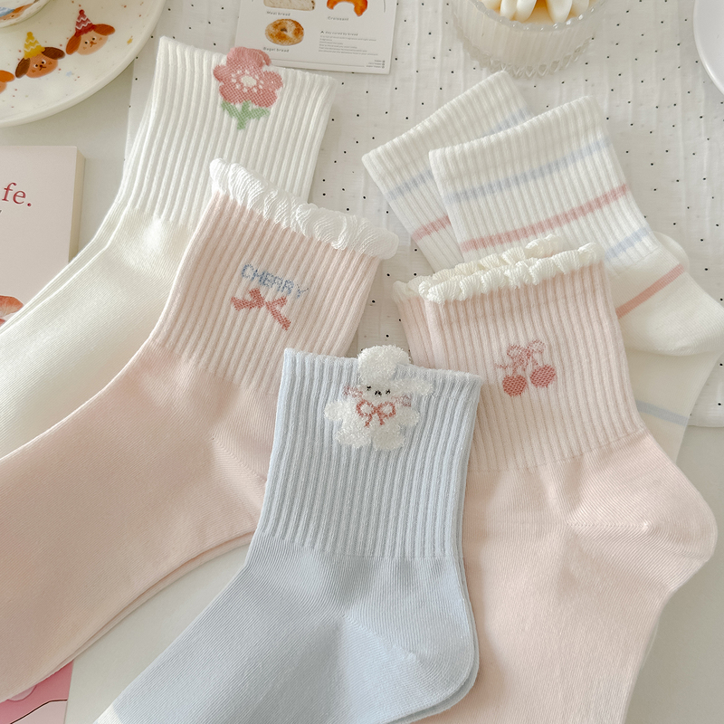 Floral Bunny Pink Blue Spring and Autumn Socks Women's Mid-Calf Socks Combed Cotton Korean Style ins Trendy Cute Cartoon Striped Lace