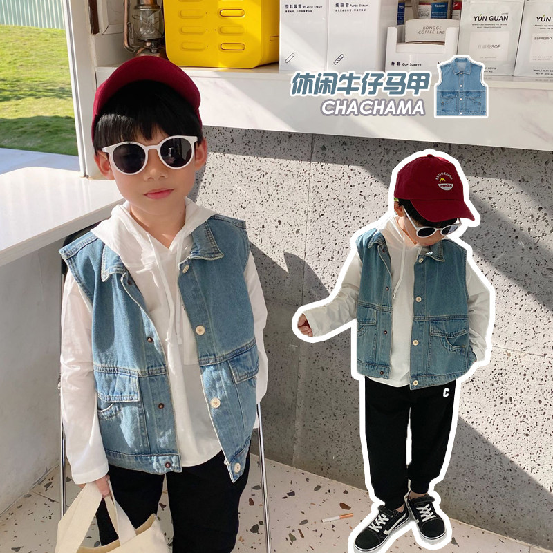 Boy Chen Chen Moms Clothes Spring Autumn Season Children Loose Trendy Outside Wearing Cowboy Vest Men's Baby Soft Soft and Shoulder Waistcoat