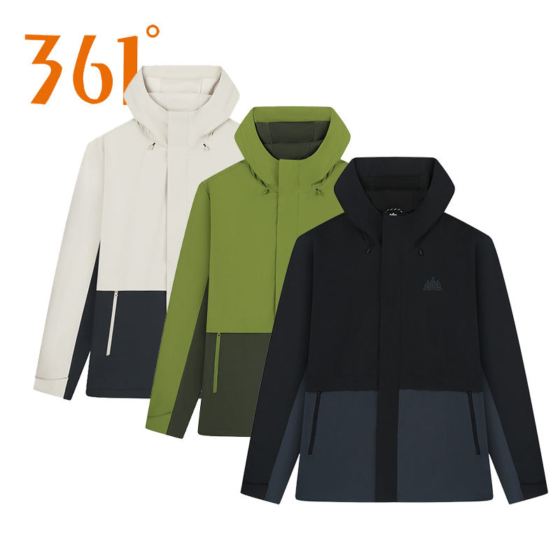 361 Degrees Men's Rainproof Jacket 2026 Spring New Windproof and Water-Repellent Hooded Fleece-Lined Windbreaker 3604S