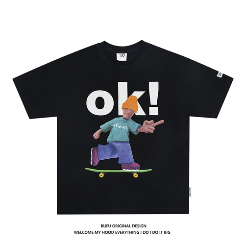 Мультяшный скейтборд, футболка с коротким рукавом для влюбленных, в американском стиле