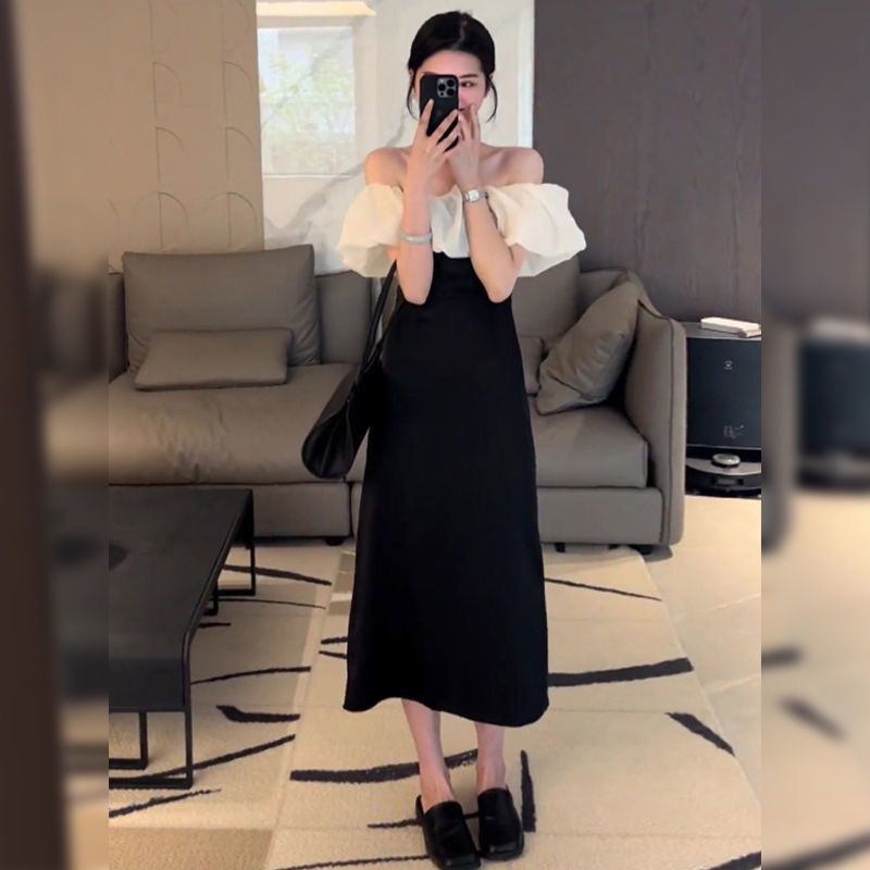 Summer Plus-Size French-Style Waist-Cinching A-Line Dress for Women, Vintage Off-The-Shoulder Dress with a Unique Design, Long Dress