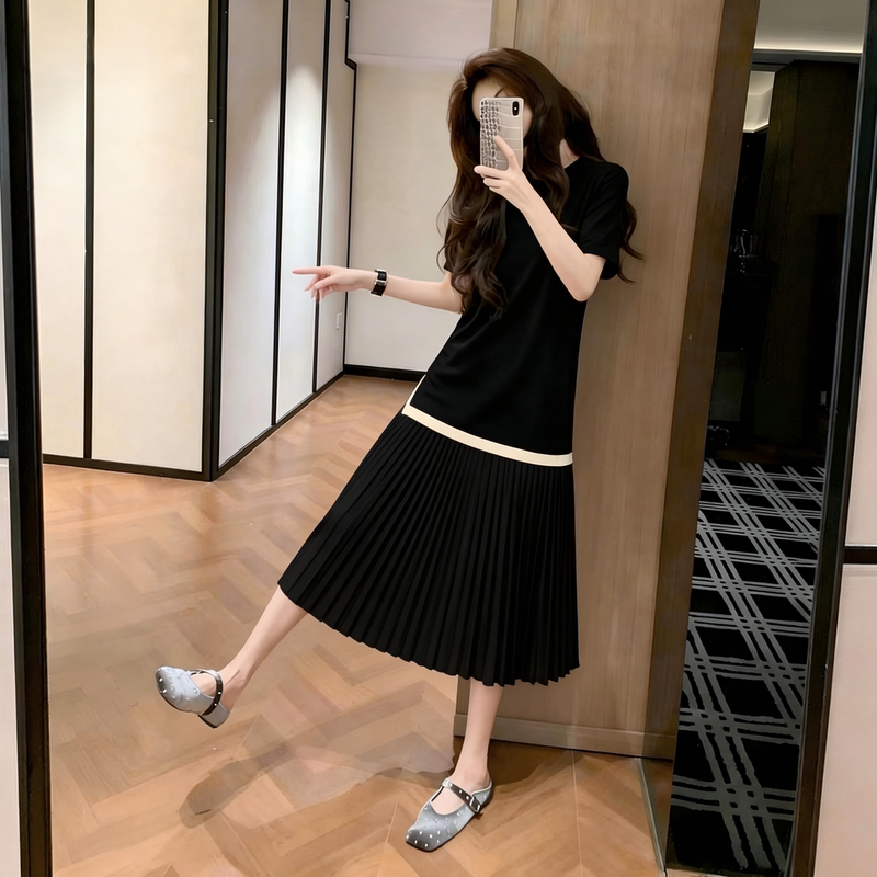 Korean Style Fashion Patchwork Chiffon Pleated Dress for Women 2026 Summer New Loose Slimming Mid-Length Casual Dress
