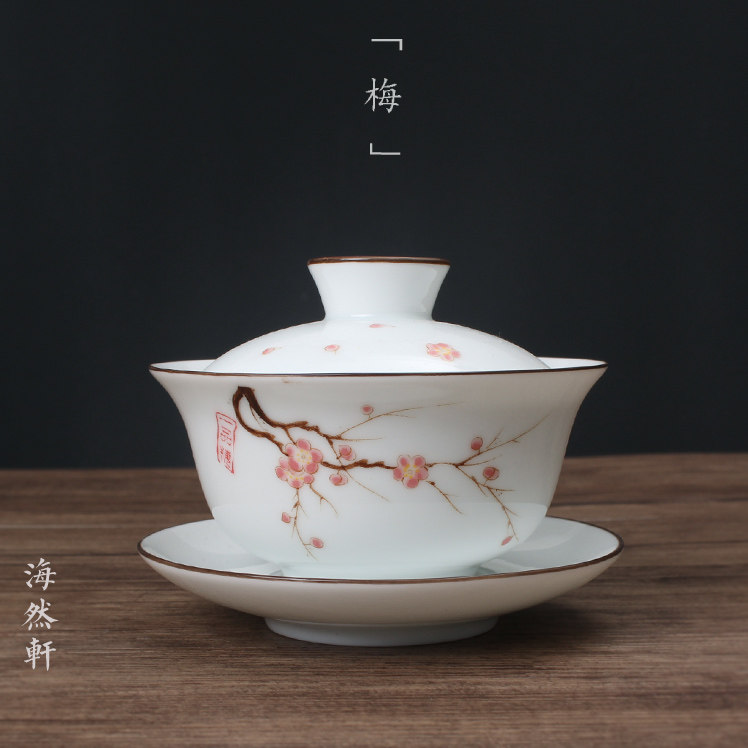 Chaozhou Gongfu Tea Ware Glazed plum blossom covered bowl Three-cai bowl Three-cai cup Ceramic tea bowl Gongfu tea ware