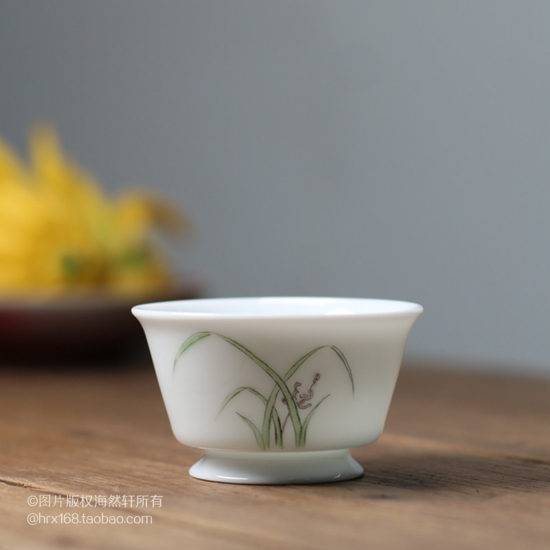 Original personality Jingdezhen mutton fat jade porcelain kung fu tea set hand-painted orchid picture tea cup small tea cup small tea bowl