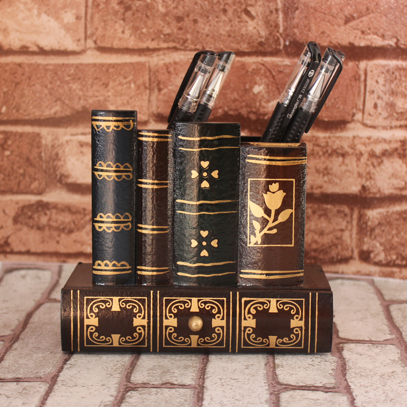 European retro pen holder wooden wooden fake book multifunctional Korean cute creative fashion pen holder with drawer
