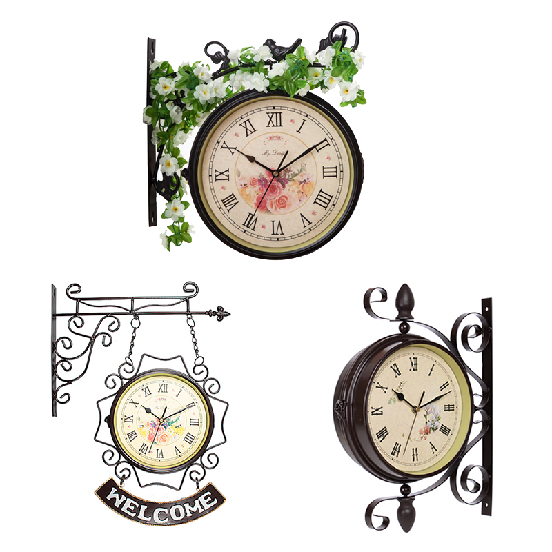 Best-selling pastoral style European country wrought iron rotatable double-sided clock mute movement double-sided wall clock