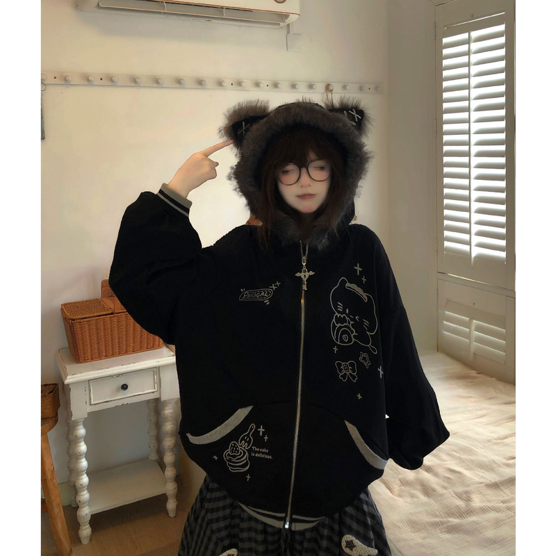 Tudou Potato Cat Sweet Cool Cat Ear Fur Collar Hooded Sweatshirt Jacket for Women, Loose and Lazy Style, 2026 New Autumn/Winter Collection Tudou Potato Cat Sweet Cool Cat Ear Fur Collar Hooded Sweatshirt Jacket for Women, Loose and Lazy Style, 2026 New Autumn/Winter Collection