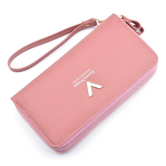 Double-Fold Zipper Women's Wallet, Long Style, Large Capacity Clutch Bag, Double-Layer Soft Leather, Korean Style, Multiple Card Slots, Mobile Phone Coin Purse