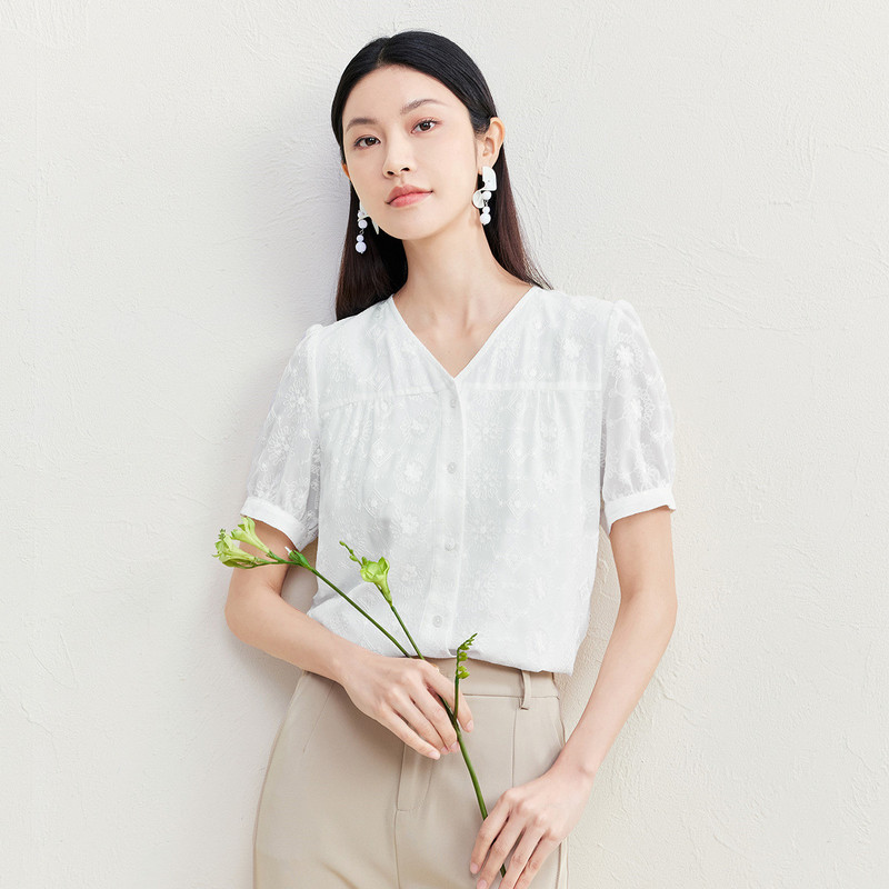 5888199, Finity Summer New Casual V-Neck Short Sleeve Solid Color Jacquard Versatile Breathable Skin-Friendly Women's Shirt