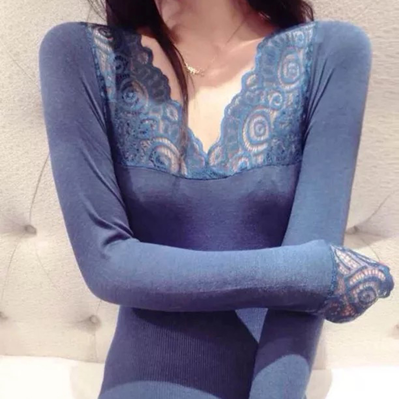 Phần mỏng đồ lót sợi sưởi ấm 37 độ nhiệt độ không đổi cơ thể V-cổ ren dài tay cơ sở nhựa áo sơ mi nữ 6001 quần áo lót