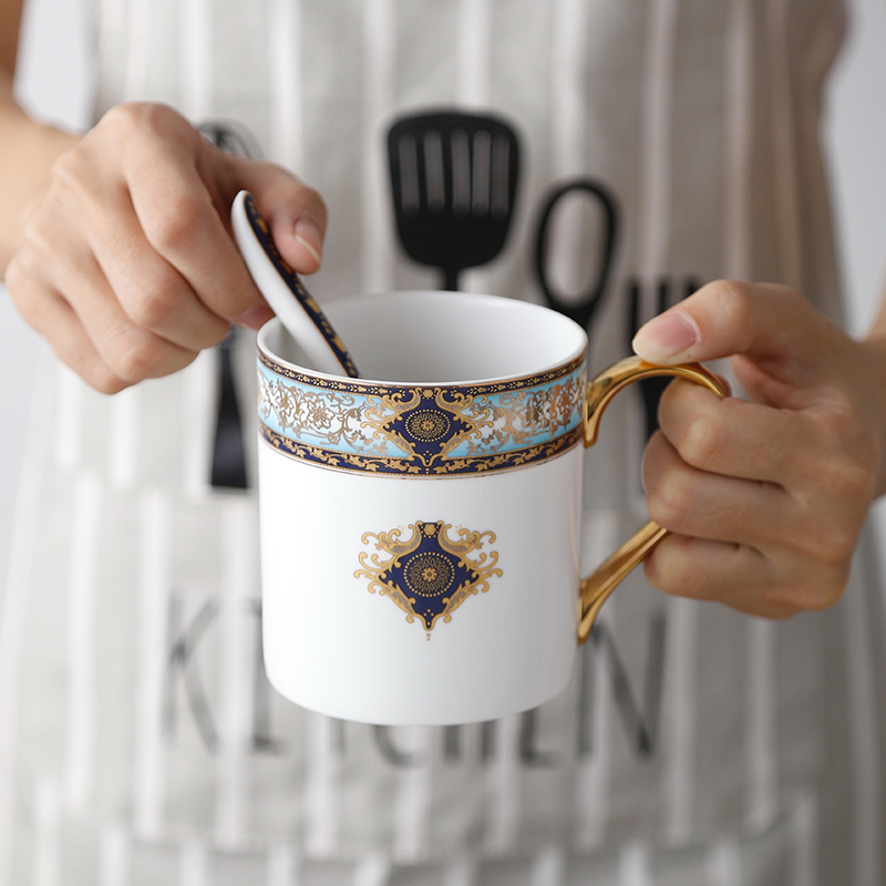 Posimi Blue Sketch Gold Eurostyle Bone Porcelain Mark Cup With Spoon Creative Ceramic Coffee Cup Office Water Cup