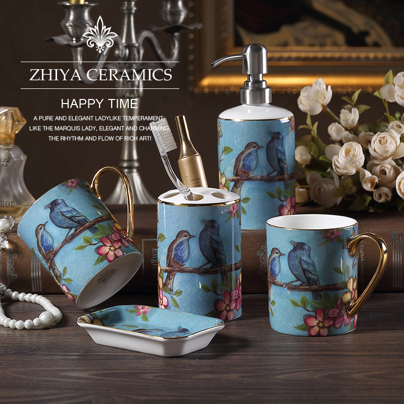Dream blue bathroom five-piece set European ceramic mouthwash cup Washing set Bathroom supplies Powder room toothbrush cup
