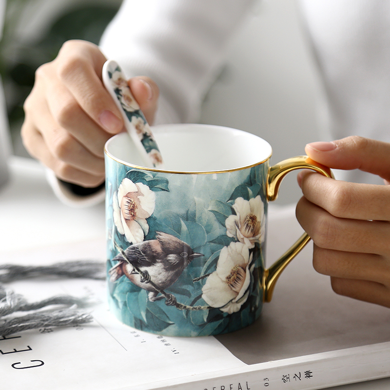 Rhododendron Sketching Gold Bone Porcelain Mark Cup Large Capacity Ceramic Breakfast Cup Office Water Glass Creative Coffee Cup With Spoon