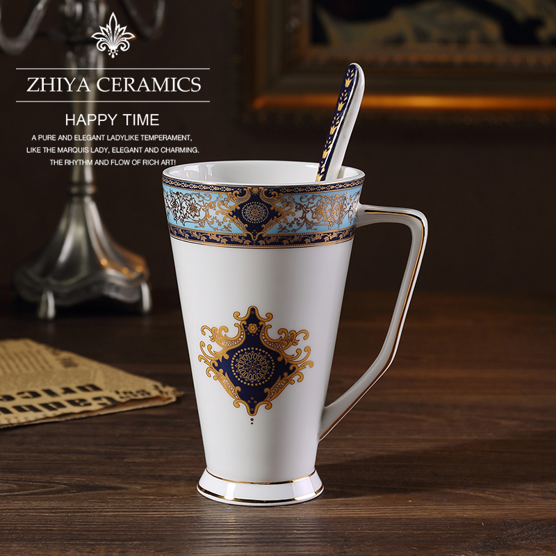 Retro Bone Porcelain Mark Cup Personality Large Capacity Water Cup Eurostyle Coffee Cup Milk Cup With Spoon