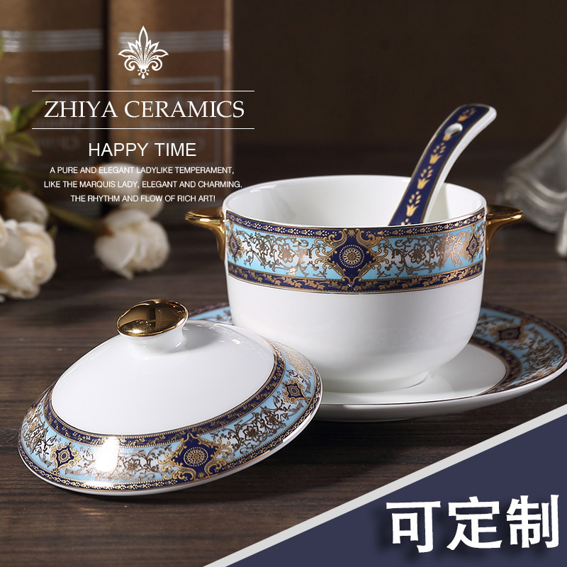 Bohemi Blue Ouo-style bone ceramic dens stew ceramic stew pot stew cans double ear lid lid pot