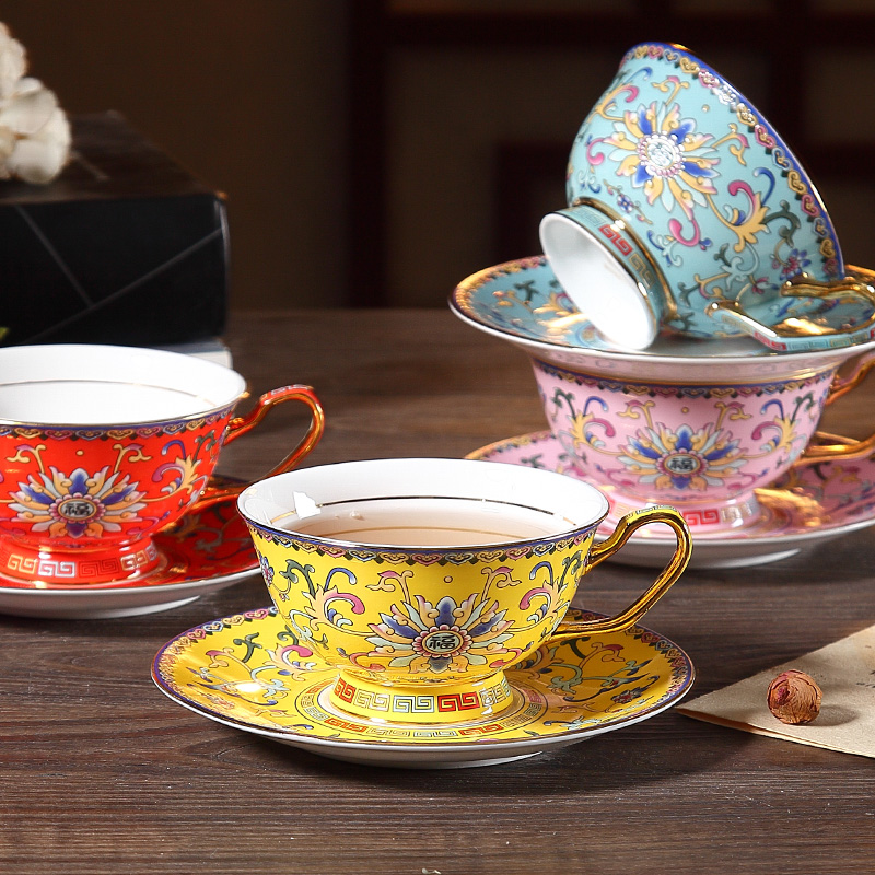 Enamel colour Chinese bone porcelain coffee cup suit British style afternoon tea cup American tea set