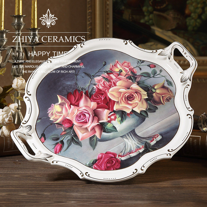 Classical rose pastoral style ceramic teacup tray European home decoration storage plate Creative fruit plate