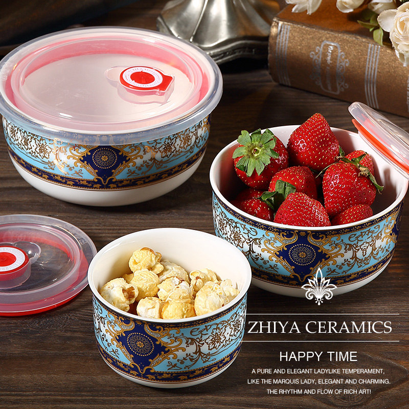 Ceramic refreshing bowl Three sets refreshing box Blister Noodle Bowl seal with lid Bubble bread Lunch Box Lunch Box Home Suit