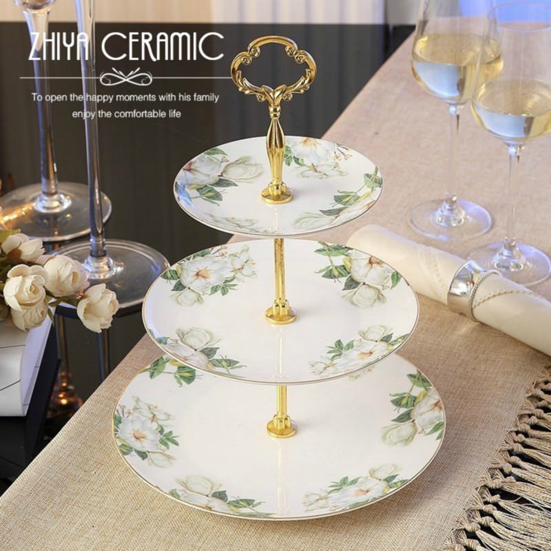 Eurostyle Triple Tray Creative Bone Porcelain Lower Afternoon Tea Refreshment Rack Candy Pan Ceramic Cake Pan Dried Fruit Tray