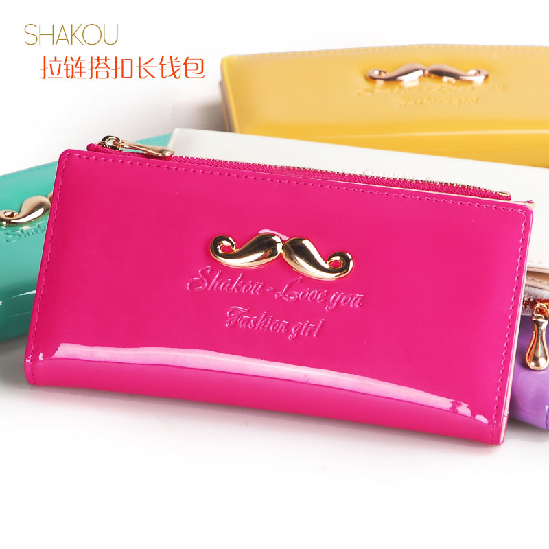 Women's Glossy Mustache Long Version Buckle Wallet Fashion Casual Candy Patent Leather Zipper Wallet Wallet Wallet Multiple Card Slots