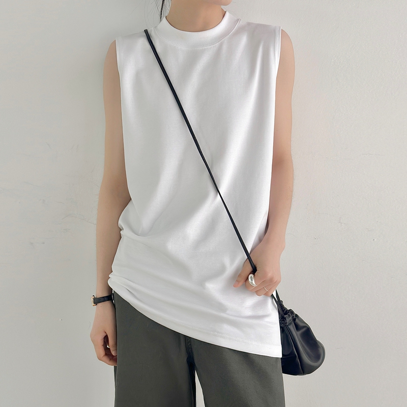 Roman Cotton Long Sleeveless Loose Half-High Collar T-Shirt for Women, Suitable for Commuting, Wide Shoulder Base Layer Tank Top, Mid-Length Top