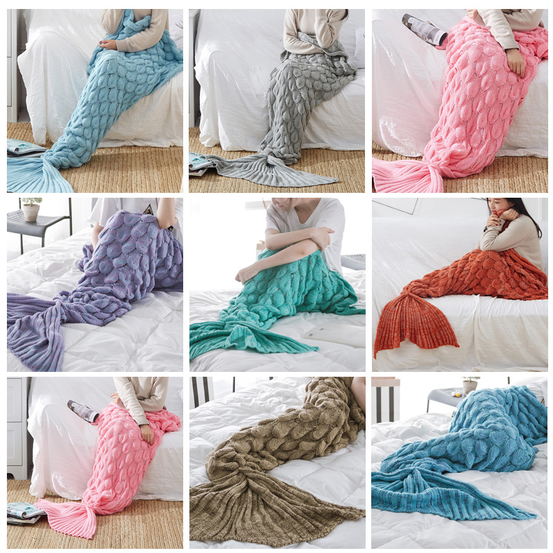Spring and summer new mermaid knitted blanket fish scale fish tail girl adult knee air conditioning nap wool blanket