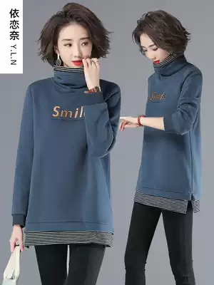 Ladies thick T-shirt niche autumn and winter 2021 new fake two pieces medium long top top plus velvet padded high neck base shirt
